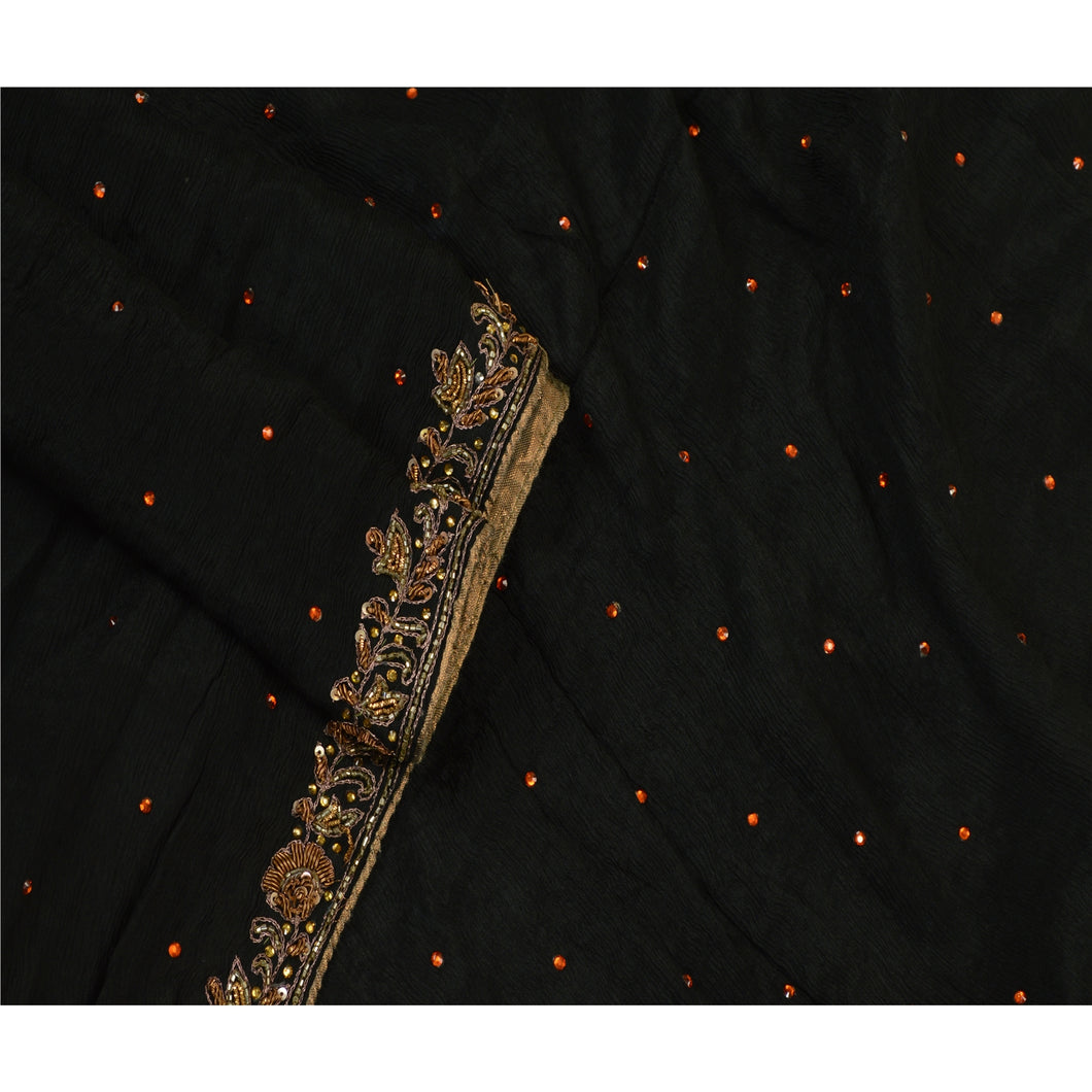 Sanskriti Vintage Black Long Dupatta Stole Pure Chiffon Silk Hand Beaded Scarves