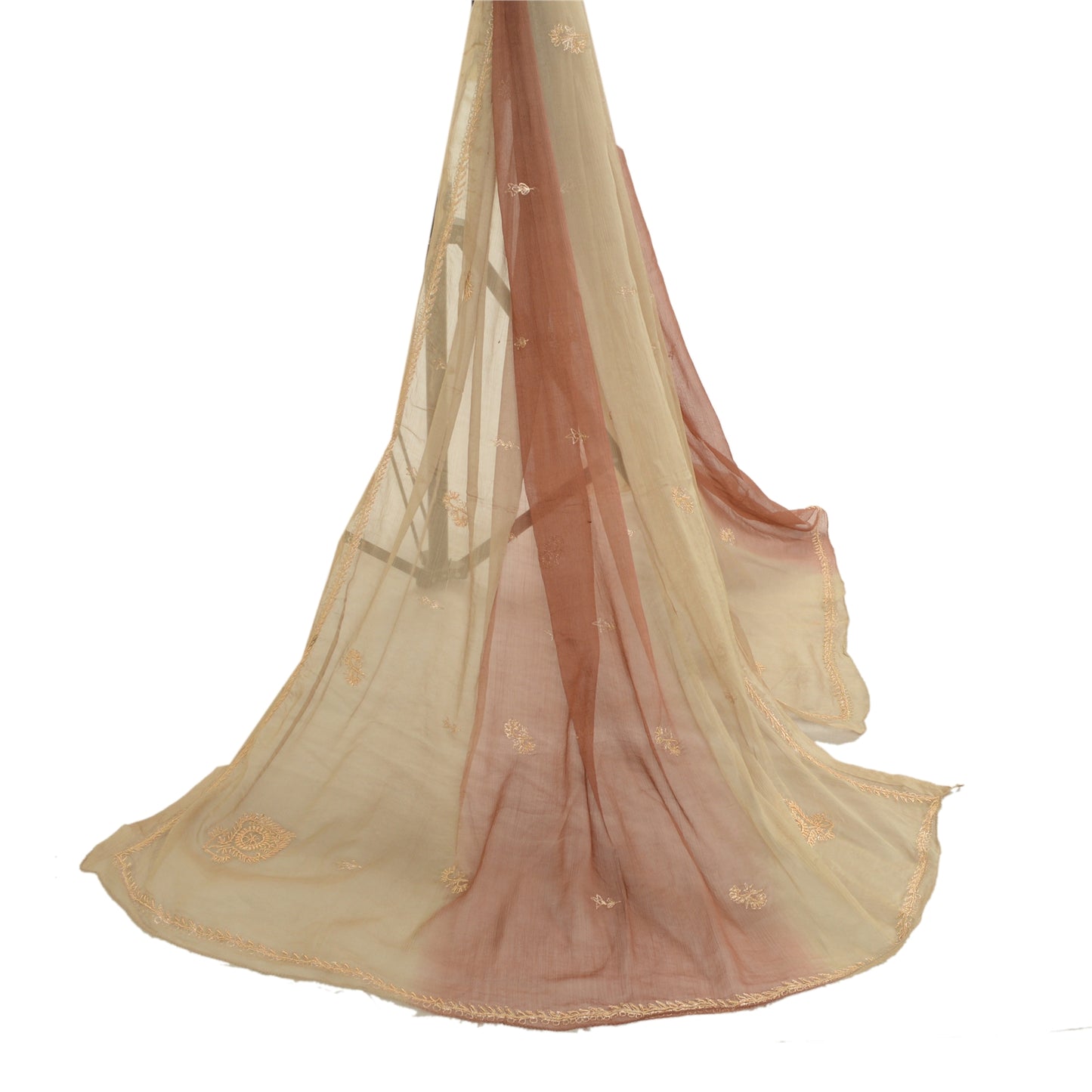 Sanskriti Vintage Beige Long Dupatta Stole Pure Chiffon Silk Hand Beaded Scarves