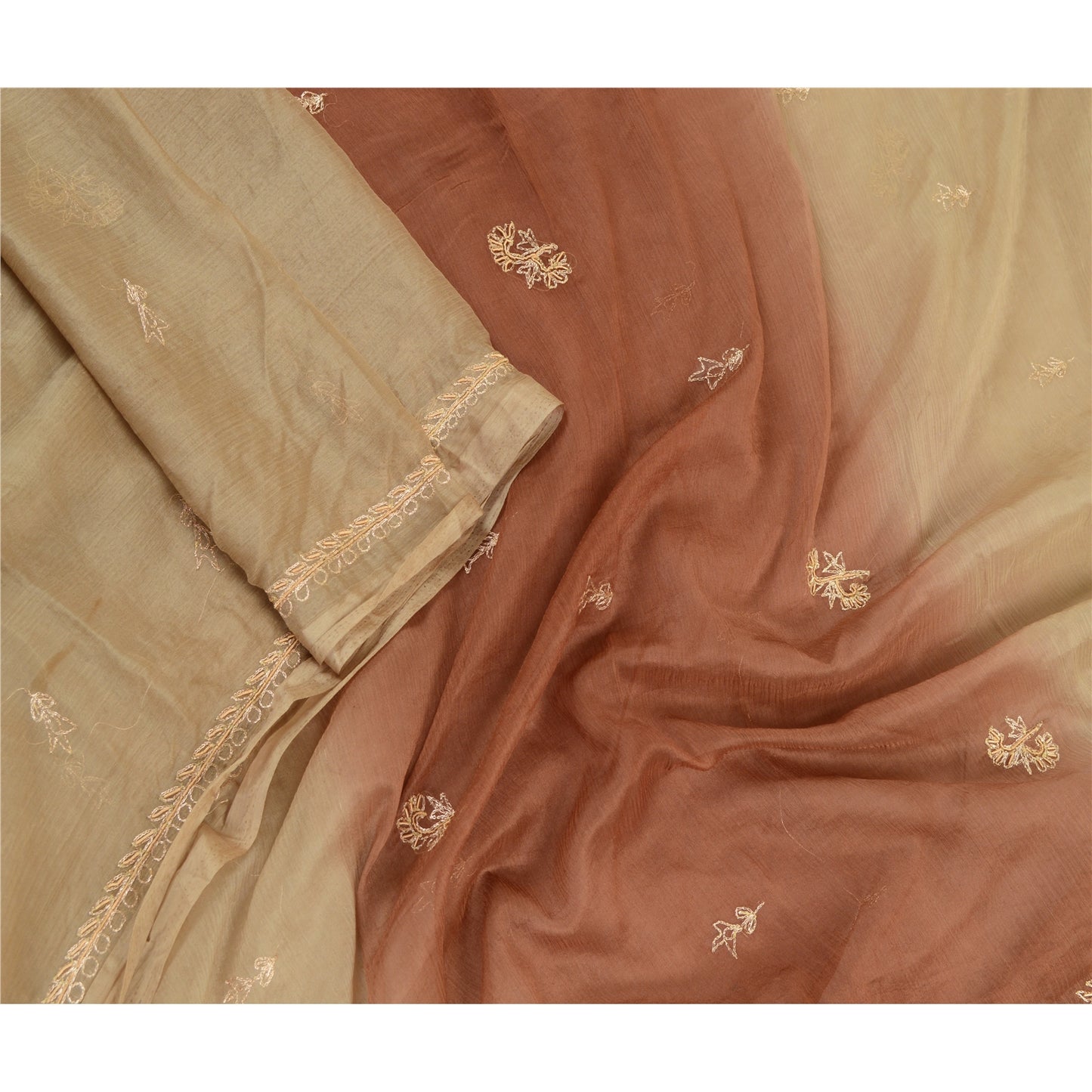 Sanskriti Vintage Beige Long Dupatta Stole Pure Chiffon Silk Hand Beaded Scarves