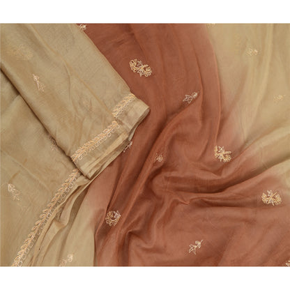 Sanskriti Vintage Beige Long Dupatta Stole Pure Chiffon Silk Hand Beaded Scarves