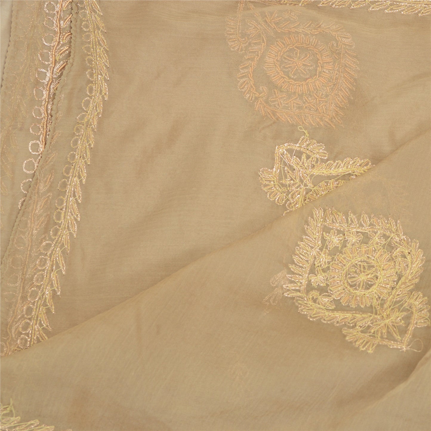 Sanskriti Vintage Beige Long Dupatta Stole Pure Chiffon Silk Hand Beaded Scarves