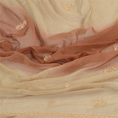 Sanskriti Vintage Beige Long Dupatta Stole Pure Chiffon Silk Hand Beaded Scarves