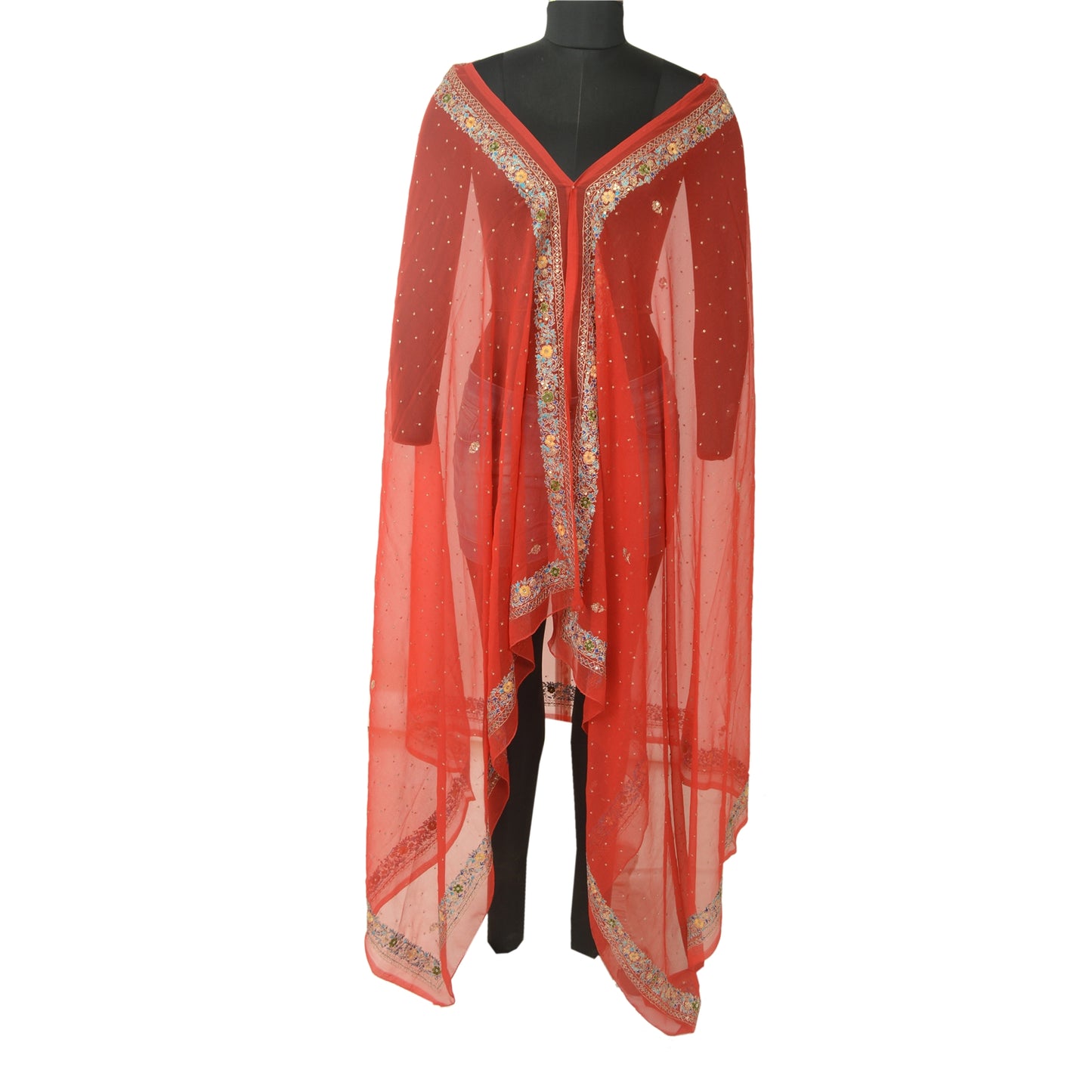 Sanskriti Vintage Red Long Dupatta Stole Georgette Wrap Veil Hand Beaded Scarves