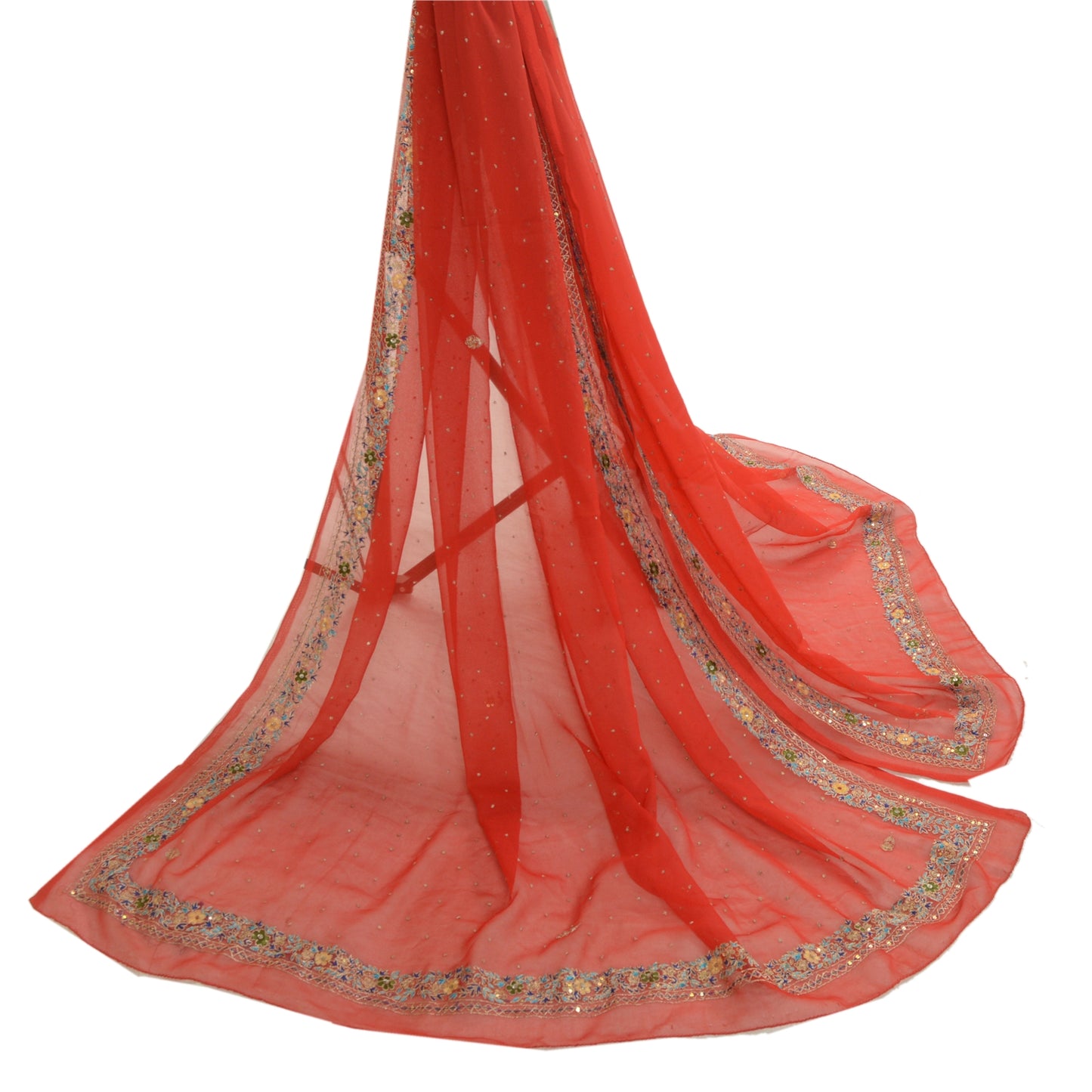 Sanskriti Vintage Red Long Dupatta Stole Georgette Wrap Veil Hand Beaded Scarves