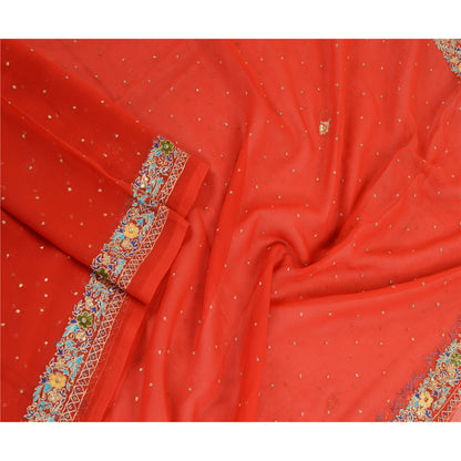 Sanskriti Vintage Red Long Dupatta Stole Georgette Wrap Veil Hand Beaded Scarves