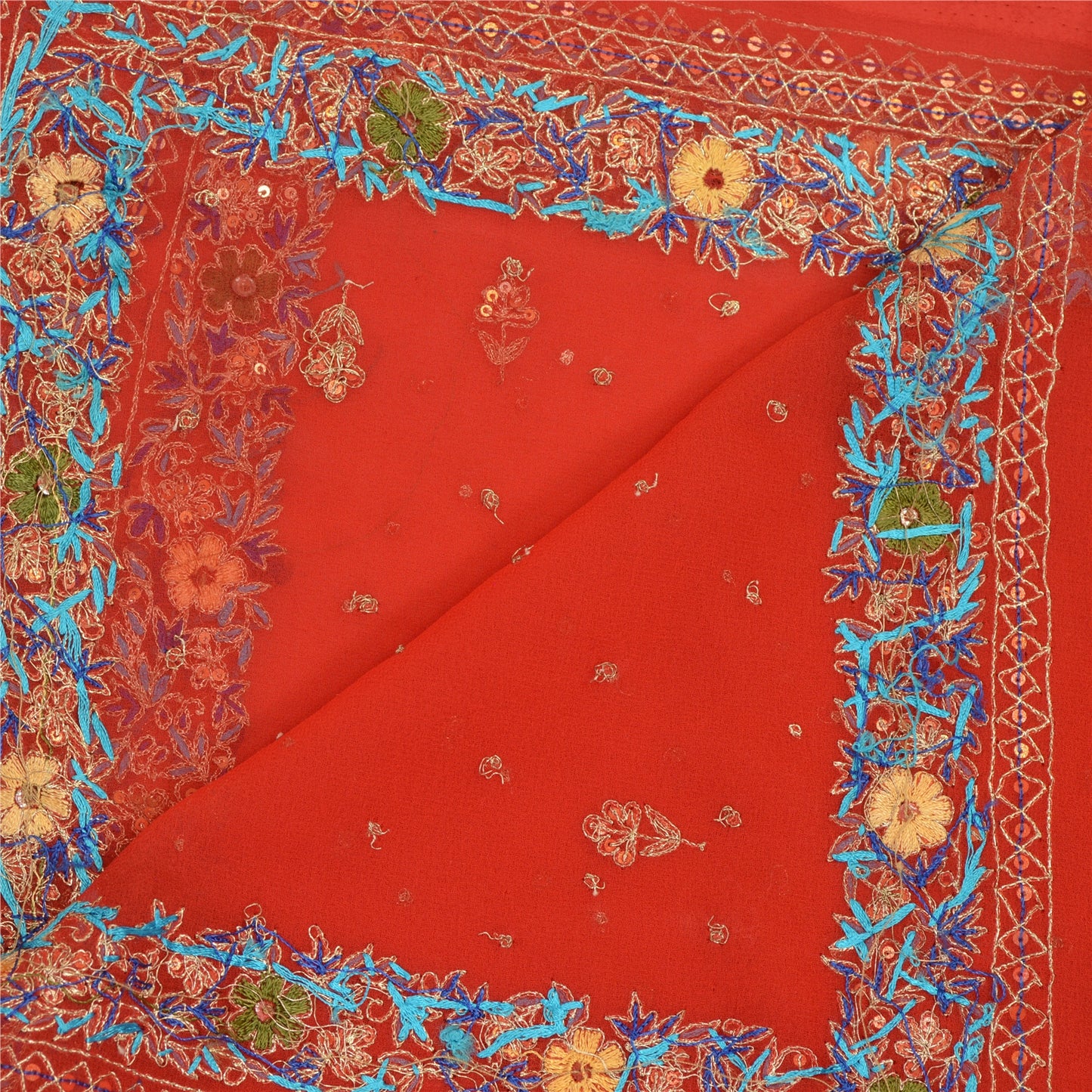 Sanskriti Vintage Red Long Dupatta Stole Georgette Wrap Veil Hand Beaded Scarves