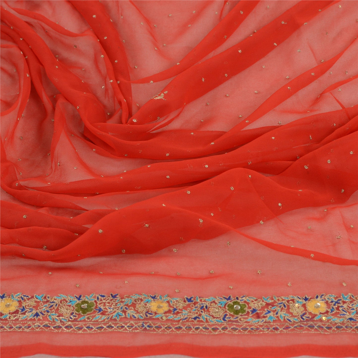 Sanskriti Vintage Red Long Dupatta Stole Georgette Wrap Veil Hand Beaded Scarves