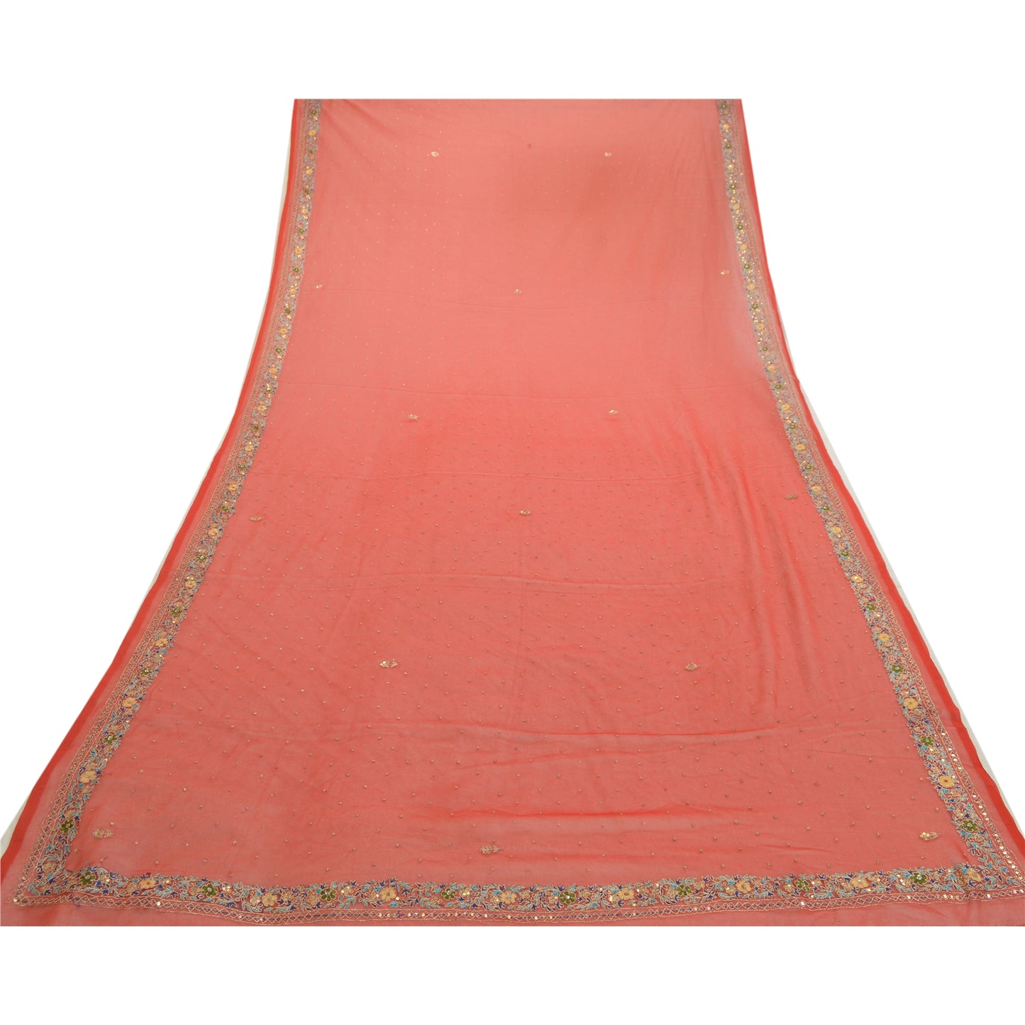 Sanskriti Vintage Red Long Dupatta Stole Georgette Wrap Veil Hand Beaded Scarves