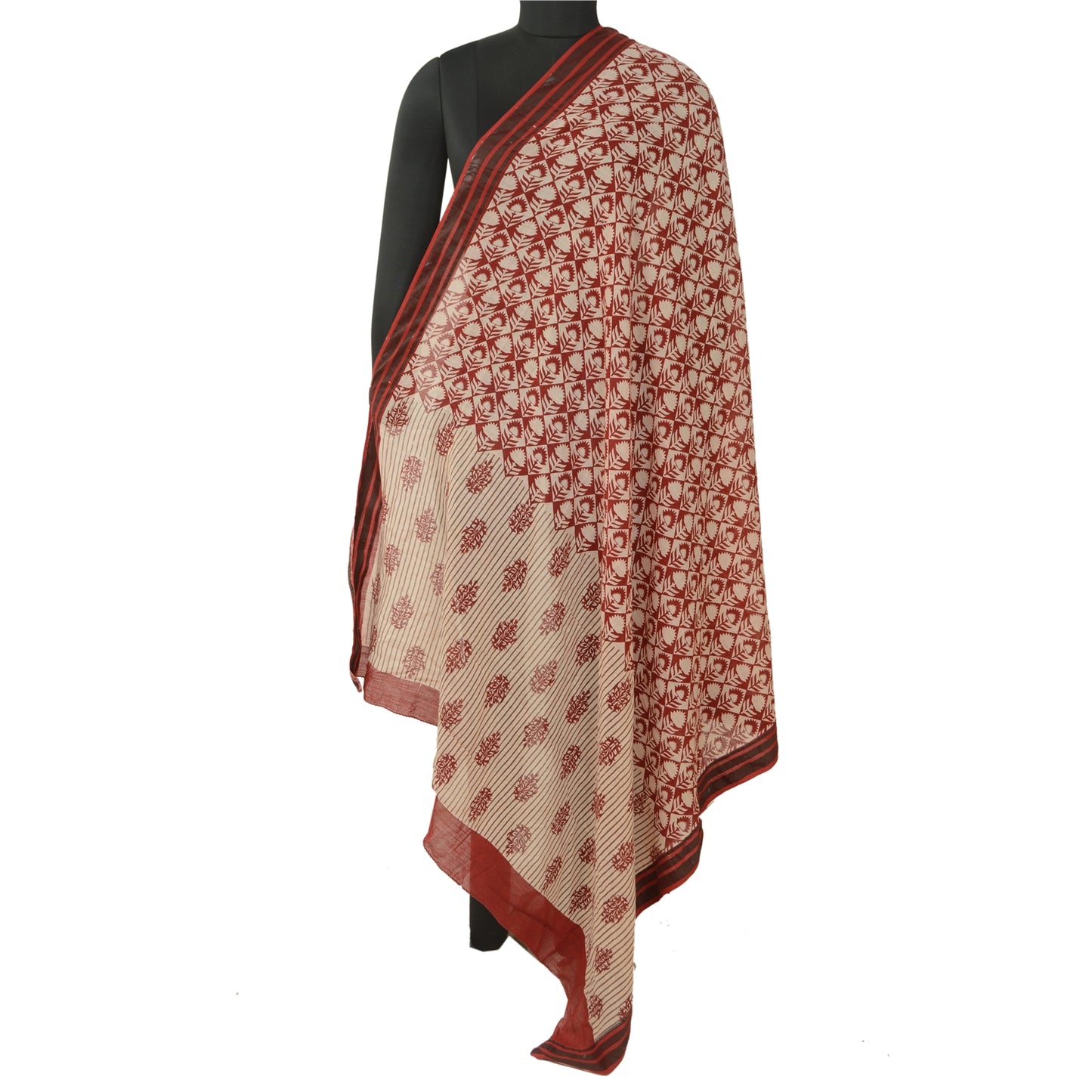 Sanskriti Vintage Long Dupatta Stole Pure Cotton Dark Red Hijab Printed Scarves
