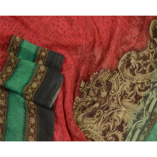 Sanskriti Vintage Dupatta Long Stole Red/Green Blend Georgette Digital Printed