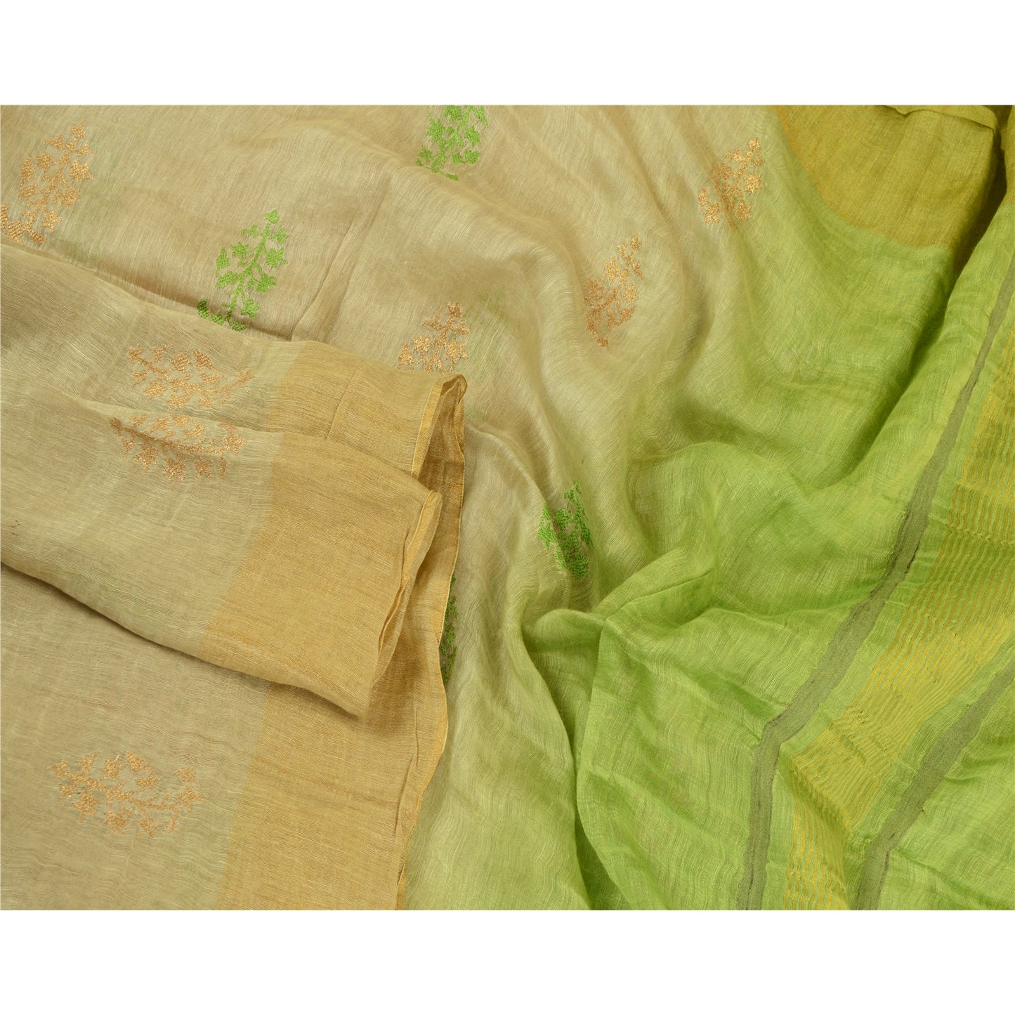 Sanskriti Vintage Green Long Dupatta Stole Pure Silk Embroidered Woven Hijab