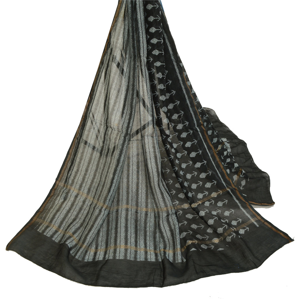 Sanskriti Vintage Long Black Dupatta/Scarf Blend Silk Hijab Printed Wrap Scarves For Crafting, Upcycling, or Even Wearing Craft Supplies