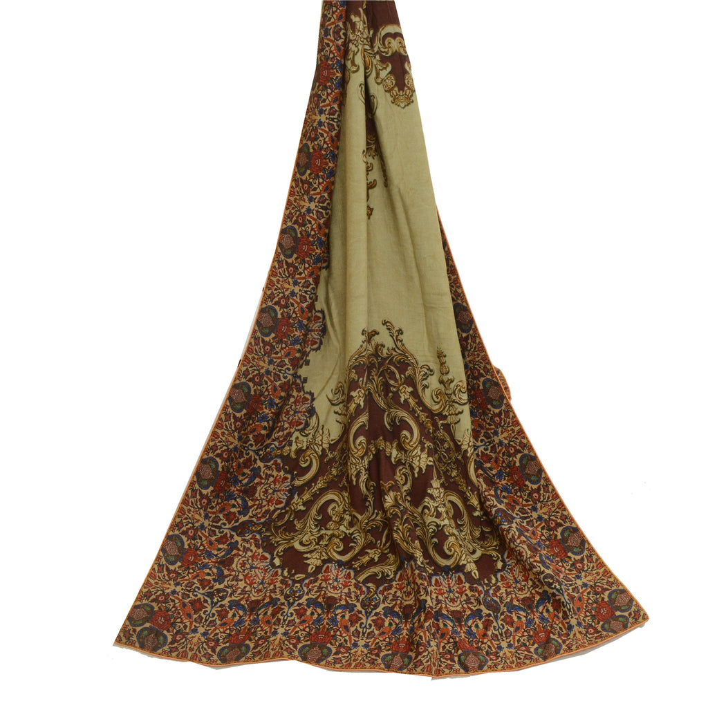 Sanskriti Vintage Long Dupatta Stole Rayon Cream/Brown Animal Printed Soft Hijab