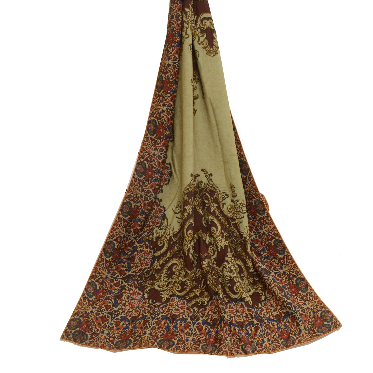 Sanskriti Vintage Long Dupatta Stole Rayon Cream/Brown Animal Printed Soft Hijab
