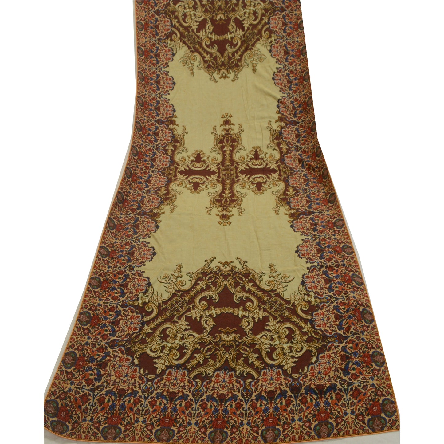 Sanskriti Vintage Long Dupatta Stole Rayon Cream/Brown Animal Printed Soft Hijab