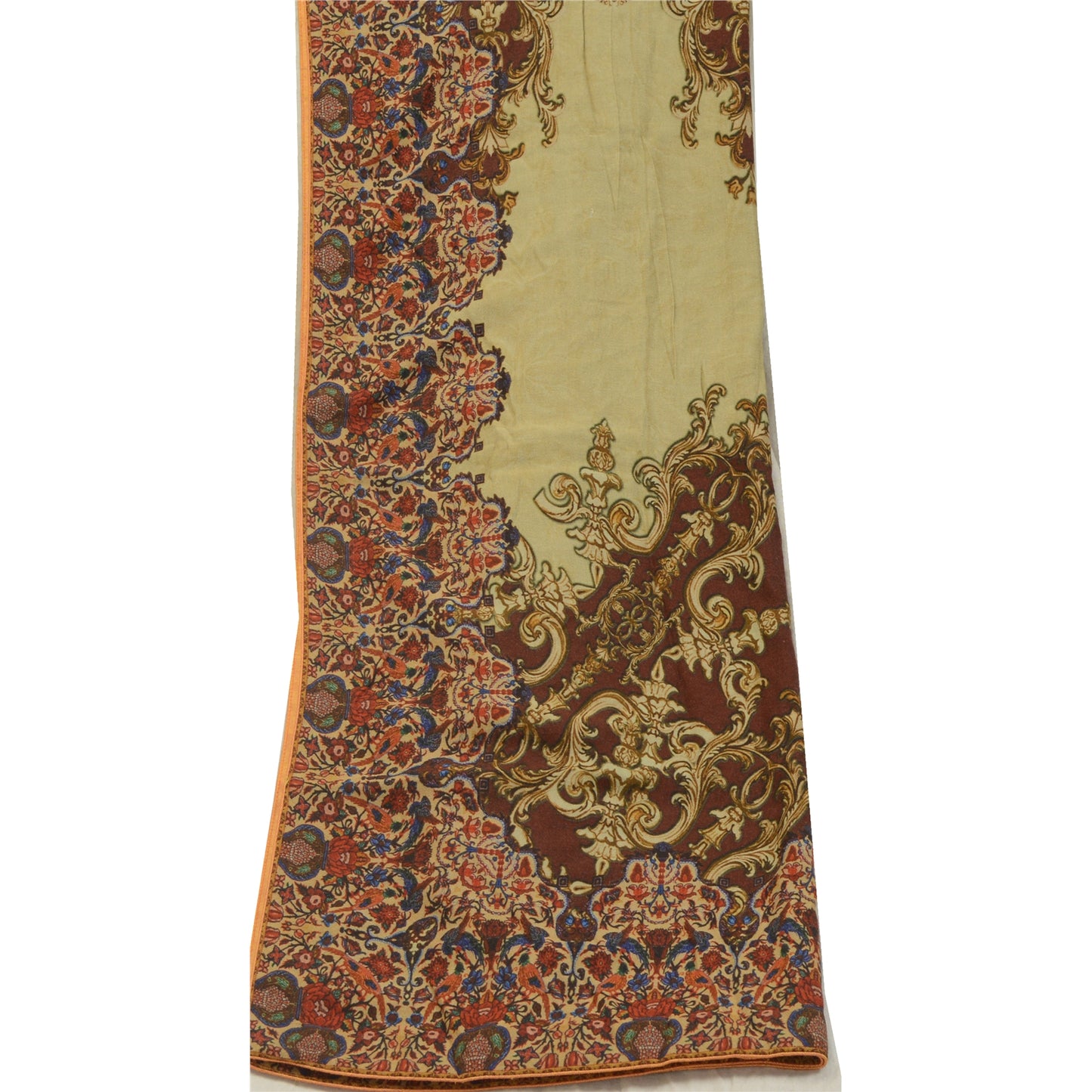 Sanskriti Vintage Long Dupatta Stole Rayon Cream/Brown Animal Printed Soft Hijab