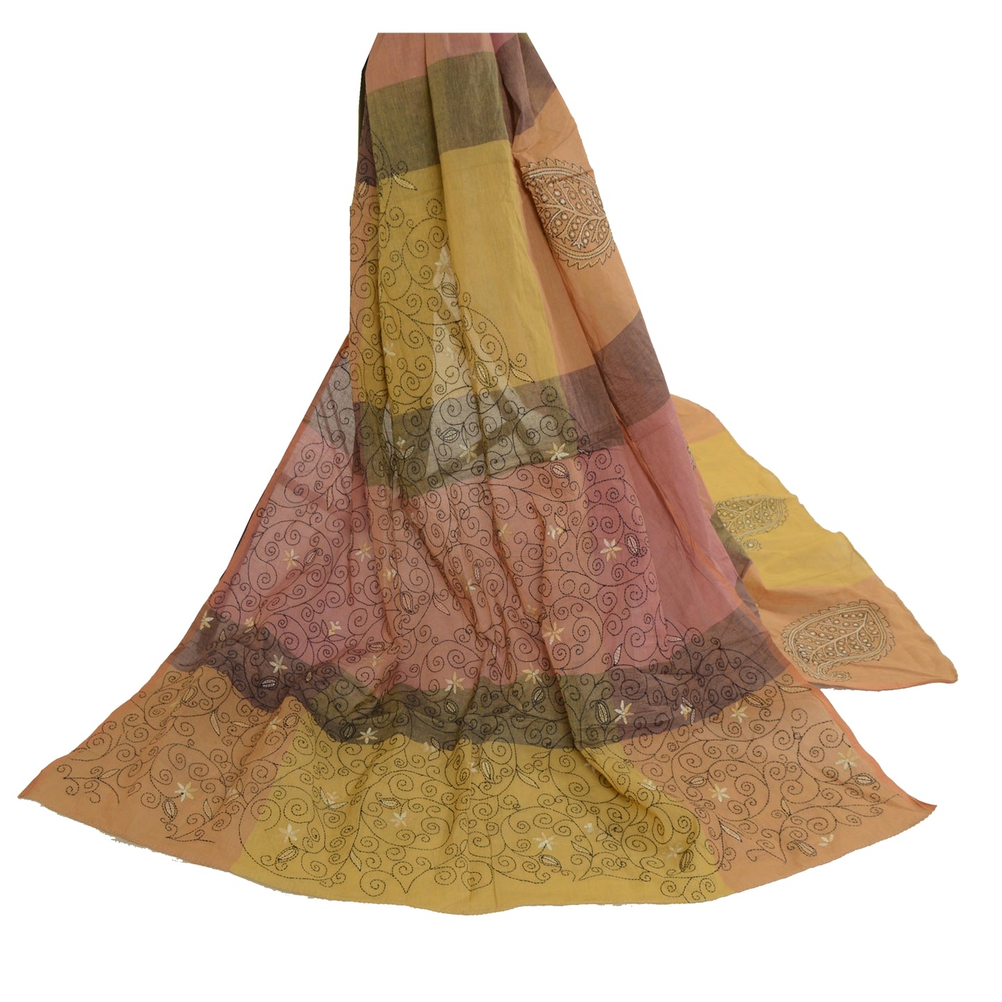 Sanskriti Vintage Dupatta Long Stole Pure Cotton Hand Embroidered Kantha Scarves