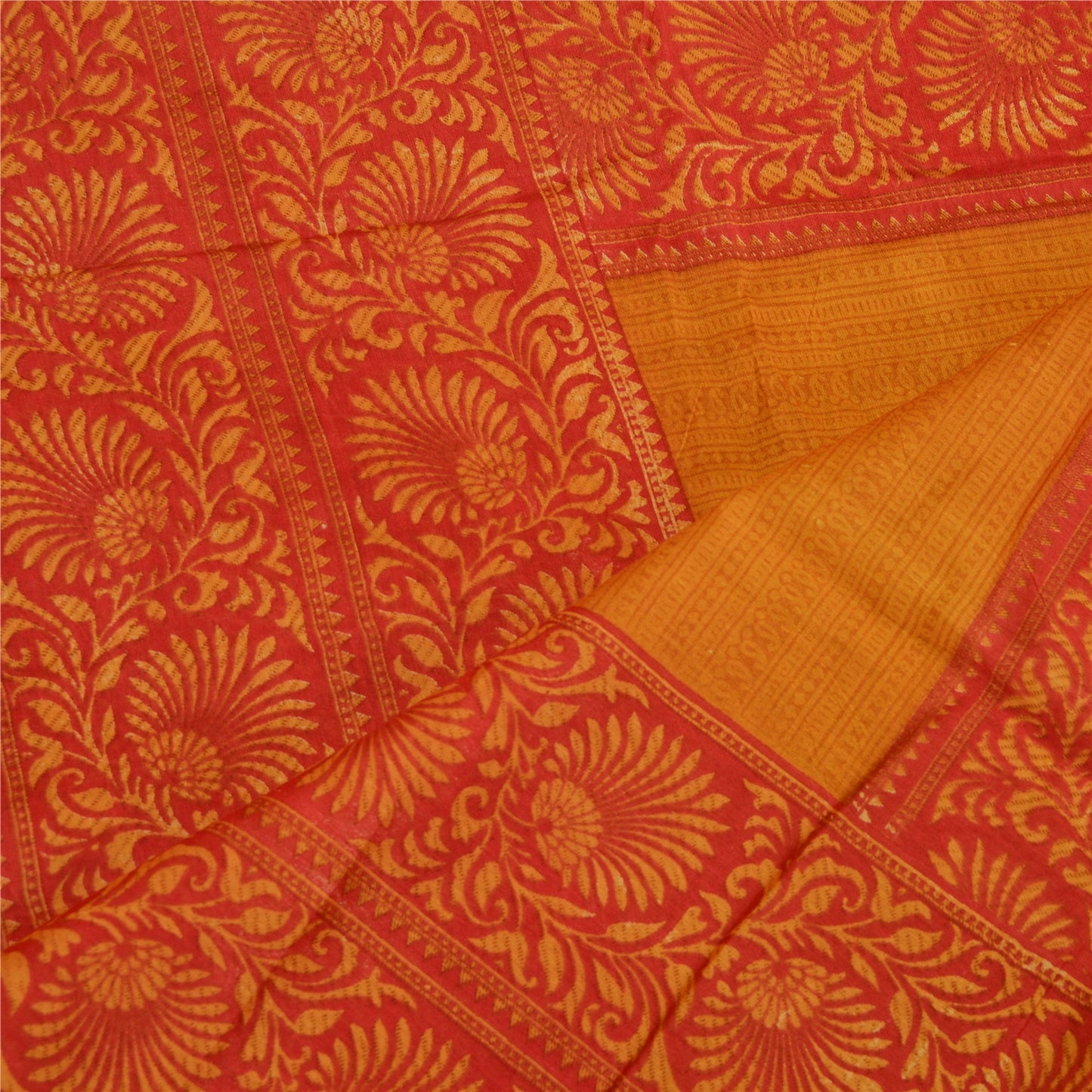 Sanskriti Vintage Long Red/Saffron Dupatta/Stole Blend Silk Printed Wrap Scarves