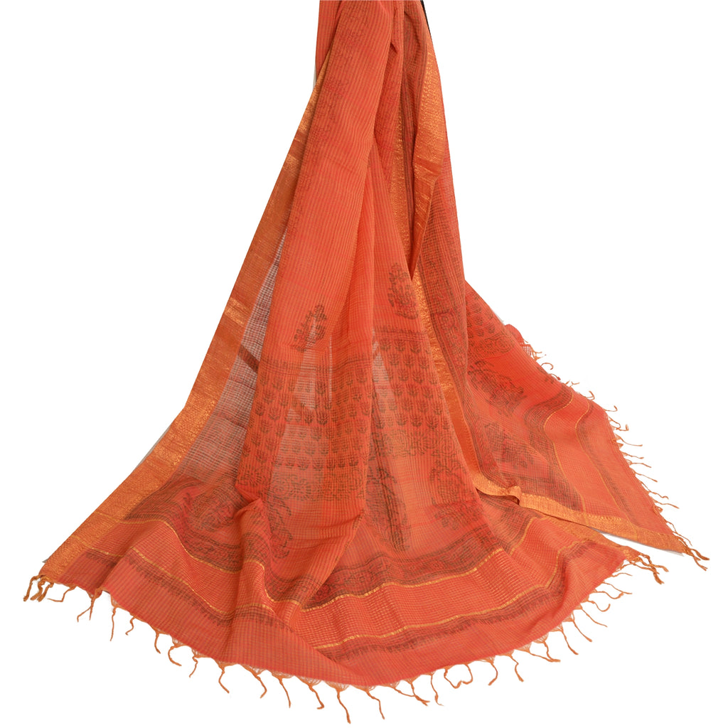 Sanskriti Vintage Orange Long Dupatta Stole Pure Cotton Hand-Block Print Woven