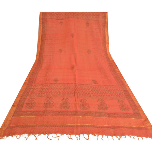 Санскрити Винтаж Оранжевый Длинный Палантин Дупатта Чистый Хлопок С Ручной Набивкой Тканый