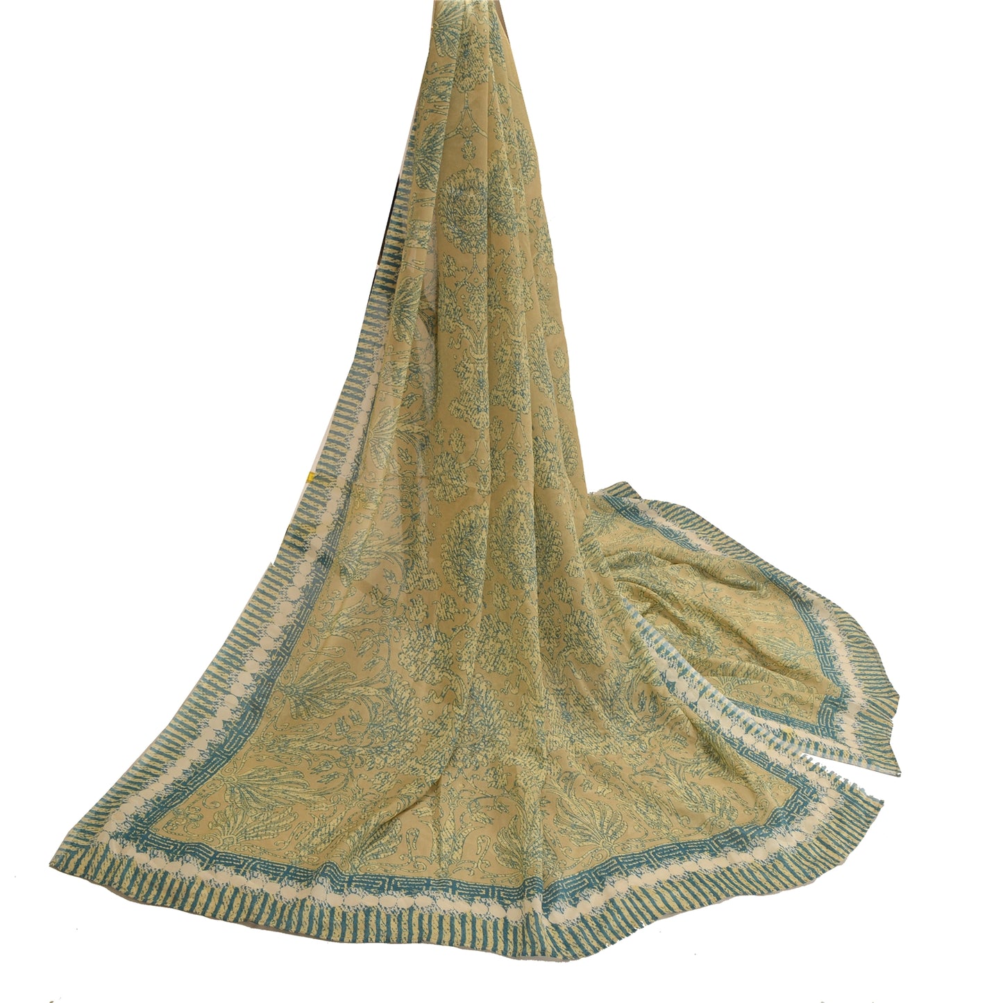 Sanskriti Vintage Long Dupatta Stole Pure Silk Olive Green Blue Printed Hijab