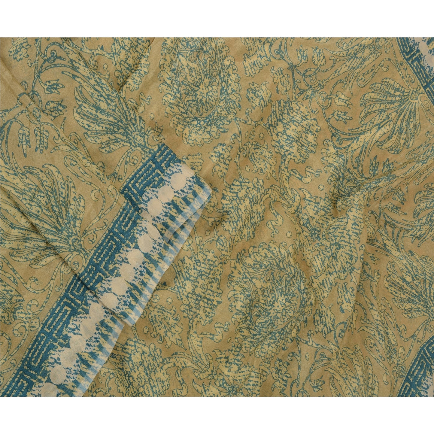 Sanskriti Vintage Long Dupatta Stole Pure Silk Olive Green Blue Printed Hijab