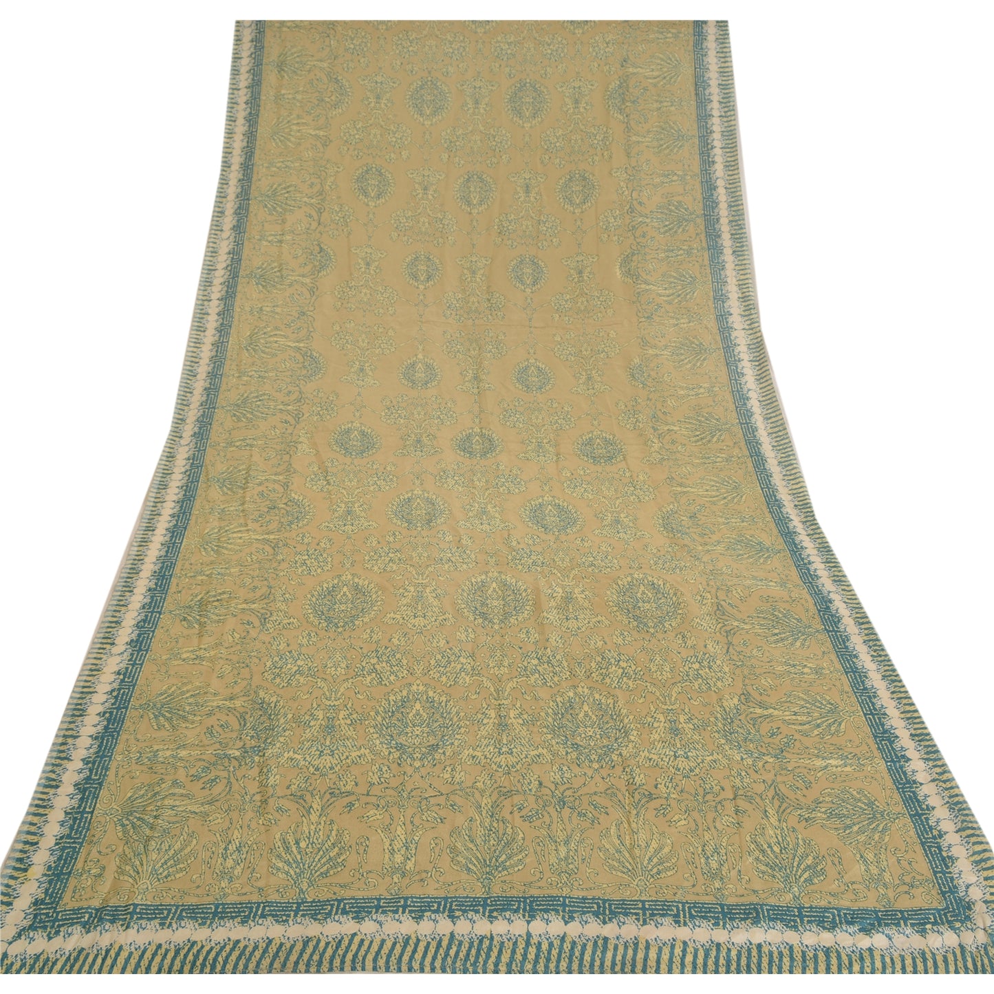 Sanskriti Vintage Long Dupatta Stole Pure Silk Olive Green Blue Printed Hijab