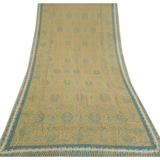 Sanskriti Vintage Long Dupatta Stole Pure Silk Olive Green Blue Printed Hijab