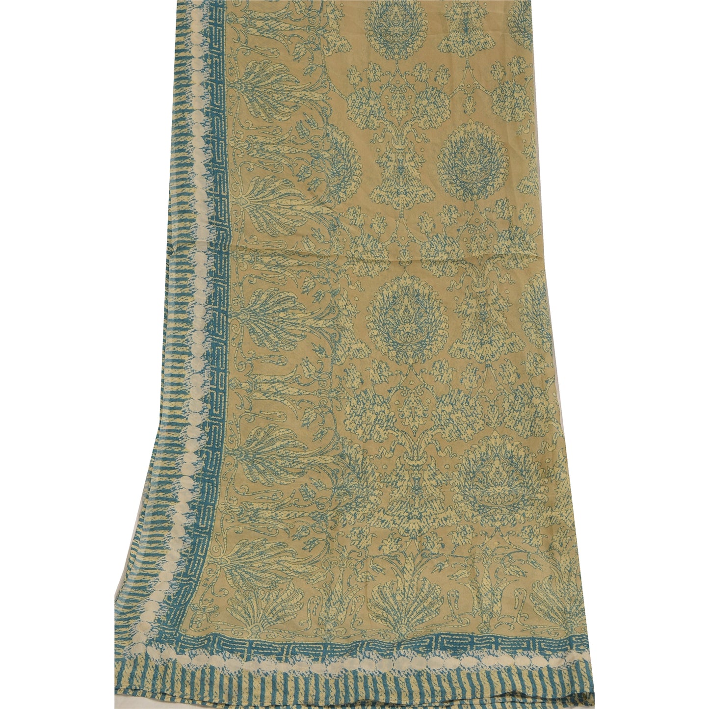 Sanskriti Vintage Long Dupatta Stole Pure Silk Olive Green Blue Printed Hijab