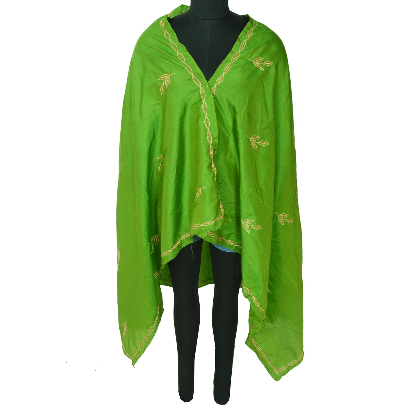 Sanskriti Vintage Green Long Dupatta Stole 100% Pure Silk Hand Beaded Scarves