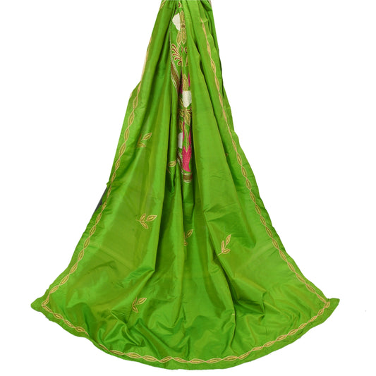 Sanskriti Vintage Green Long Dupatta Stole 100% Pure Silk Hand Beaded Scarves