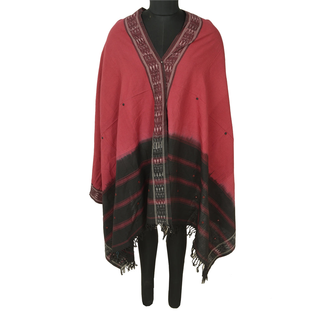 Sanskriti Vintage Black/Dark Red Long Dupatta Stole Pure Cotton Woven Ikat Hijab