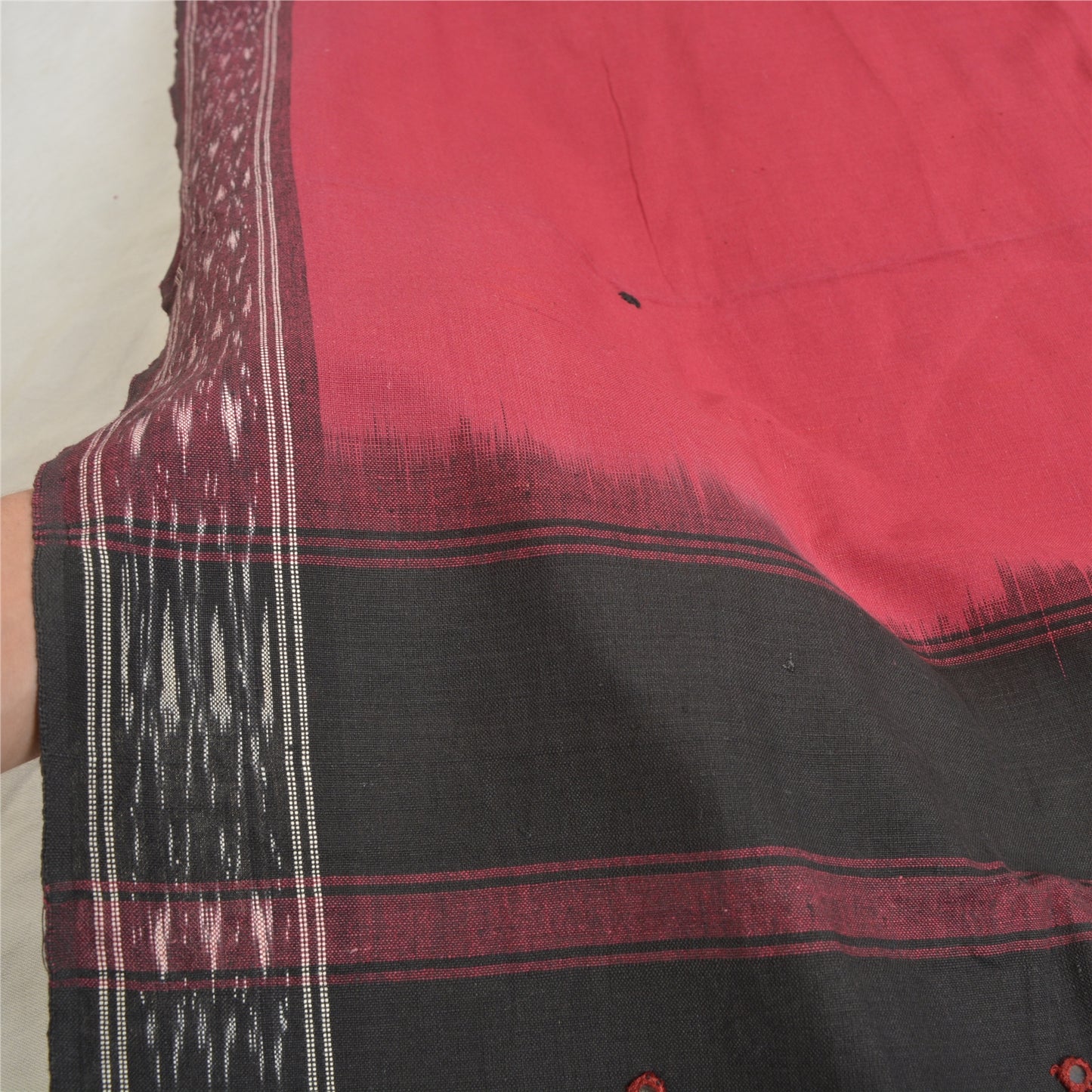 Sanskriti Vintage Black/Dark Red Long Dupatta Stole Pure Cotton Woven Ikat Hijab