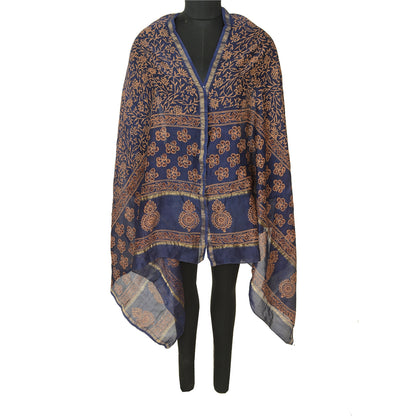 Sanskriti Vintage Long Dupatta Stole Blend Silk Blue Hijab Block Printed Scarves