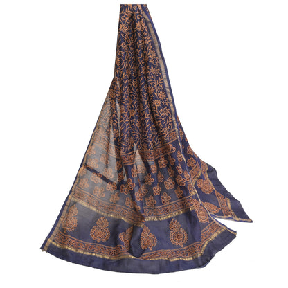 Sanskriti Vintage Long Dupatta Stole Blend Silk Blue Hijab Block Printed Scarves