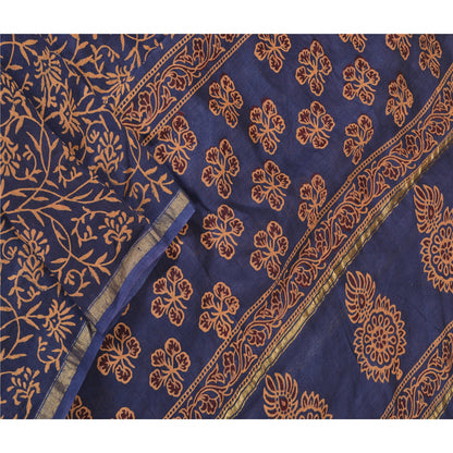 Sanskriti Vintage Long Dupatta Stole Blend Silk Blue Hijab Block Printed Scarves
