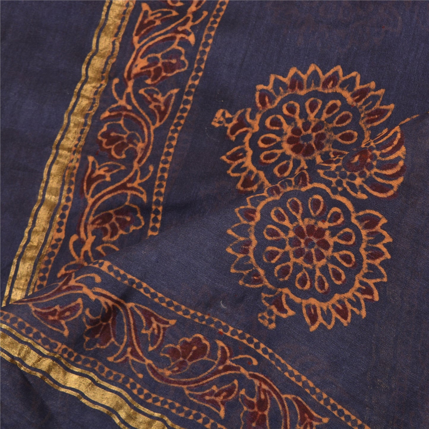 Sanskriti Vintage Long Dupatta Stole Blend Silk Blue Hijab Block Printed Scarves