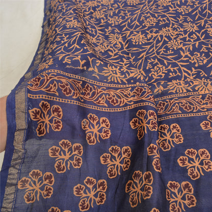 Sanskriti Vintage Long Dupatta Stole Blend Silk Blue Hijab Block Printed Scarves