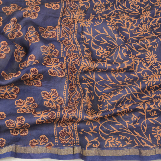 Sanskriti Vintage Long Dupatta Stole Blend Silk Blue Hijab Block Printed Scarves