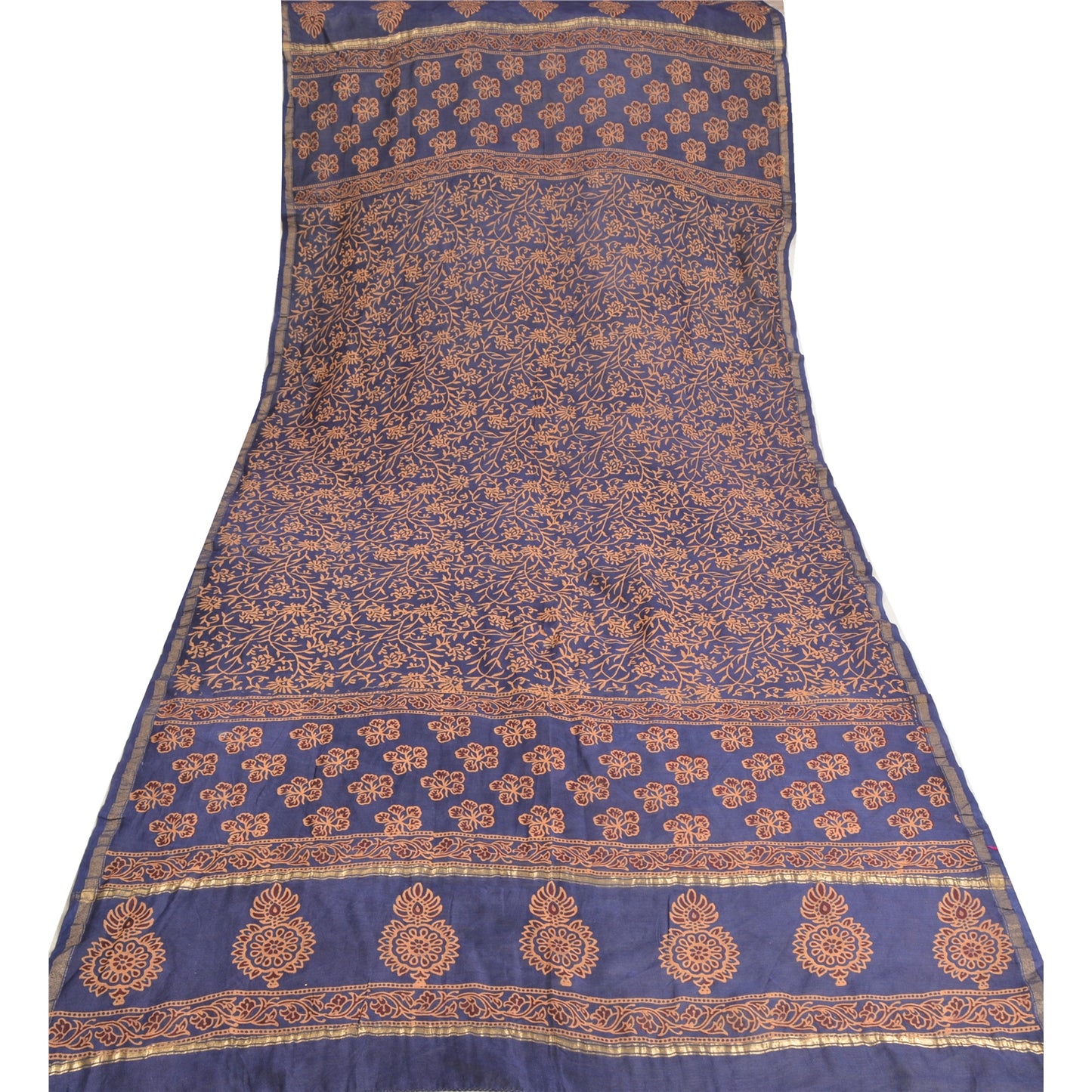 Sanskriti Vintage Long Dupatta Stole Blend Silk Blue Hijab Block Printed Scarves