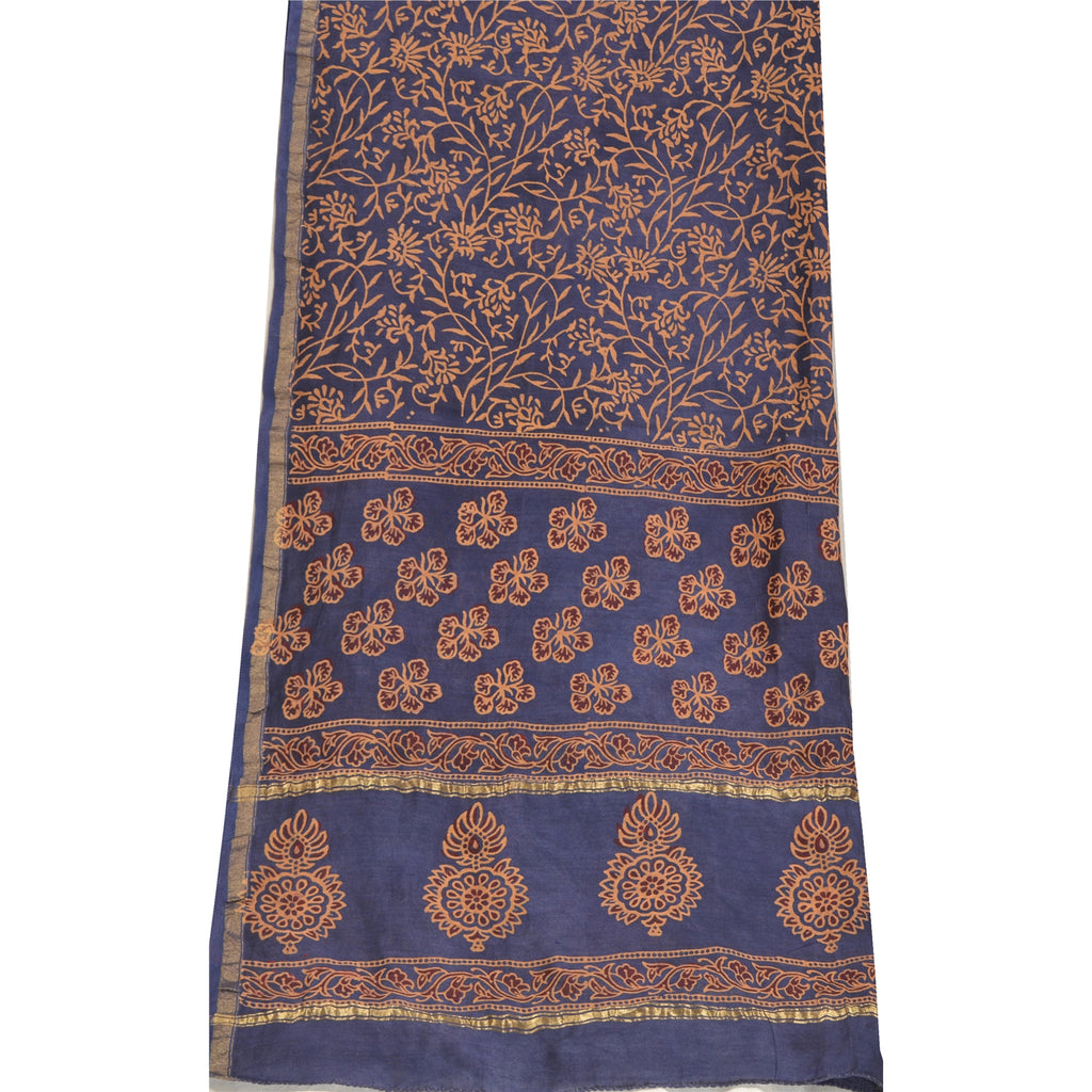 Sanskriti Vintage Long Dupatta Stole Blend Silk Blue Hijab Block Printed Scarves