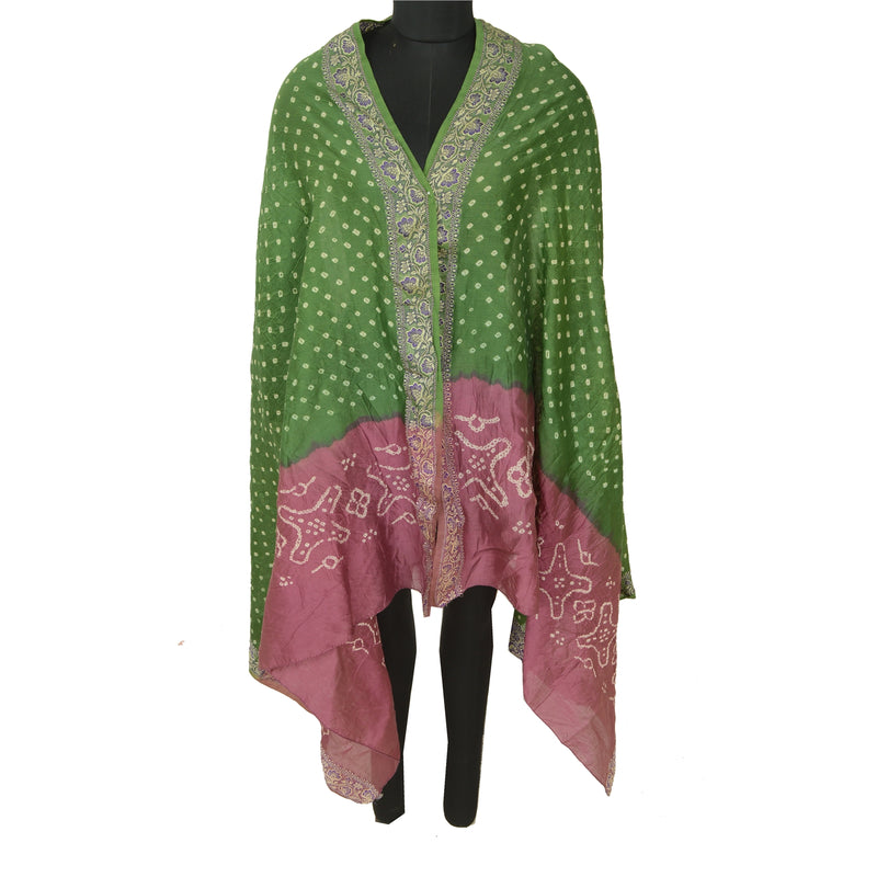 Sanskriti Vintage Grøn/Mauve Lang Dupatta Stole Pure Silke Woven Bandhani Hijab