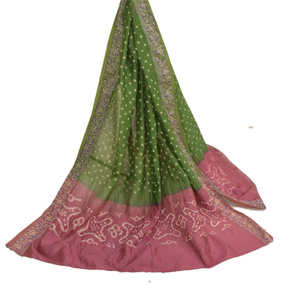 Sanskriti Vintage Green/Mauve Long Dupatta Stole Pure Silk Woven Bandhani Hijab