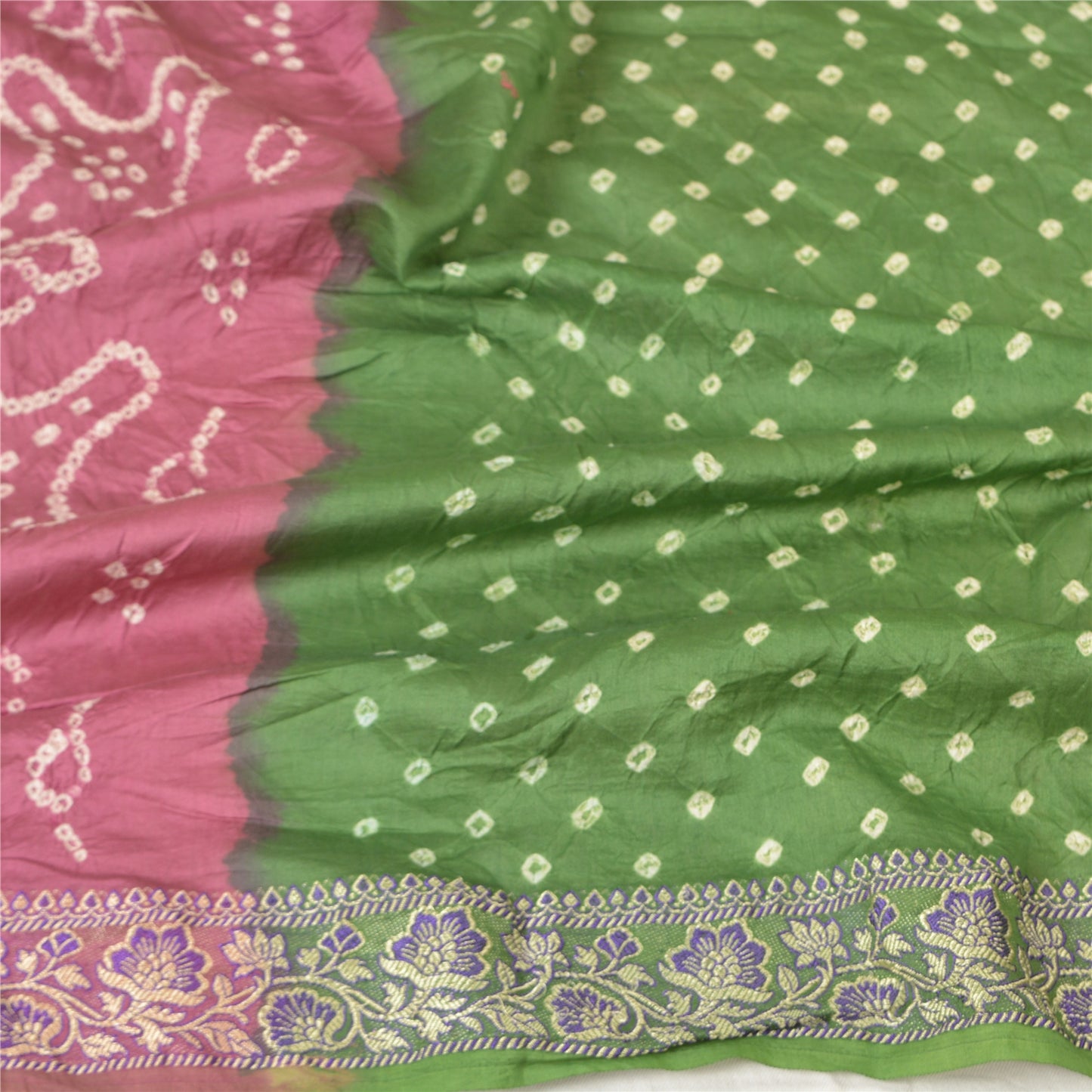 Sanskriti Vintage Green/Mauve Long Dupatta Stole Pure Silk Woven Bandhani Hijab