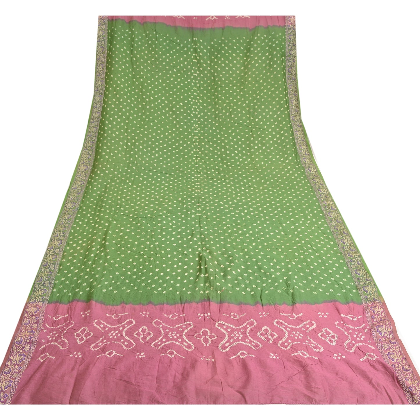 Sanskriti Vintage Green/Mauve Long Dupatta Stole Pure Silk Woven Bandhani Hijab