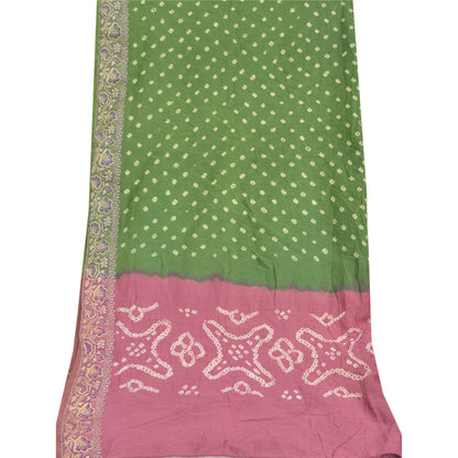 Sanskriti Vintage Green/Mauve Long Dupatta Stole Pure Silk Woven Bandhani Hijab