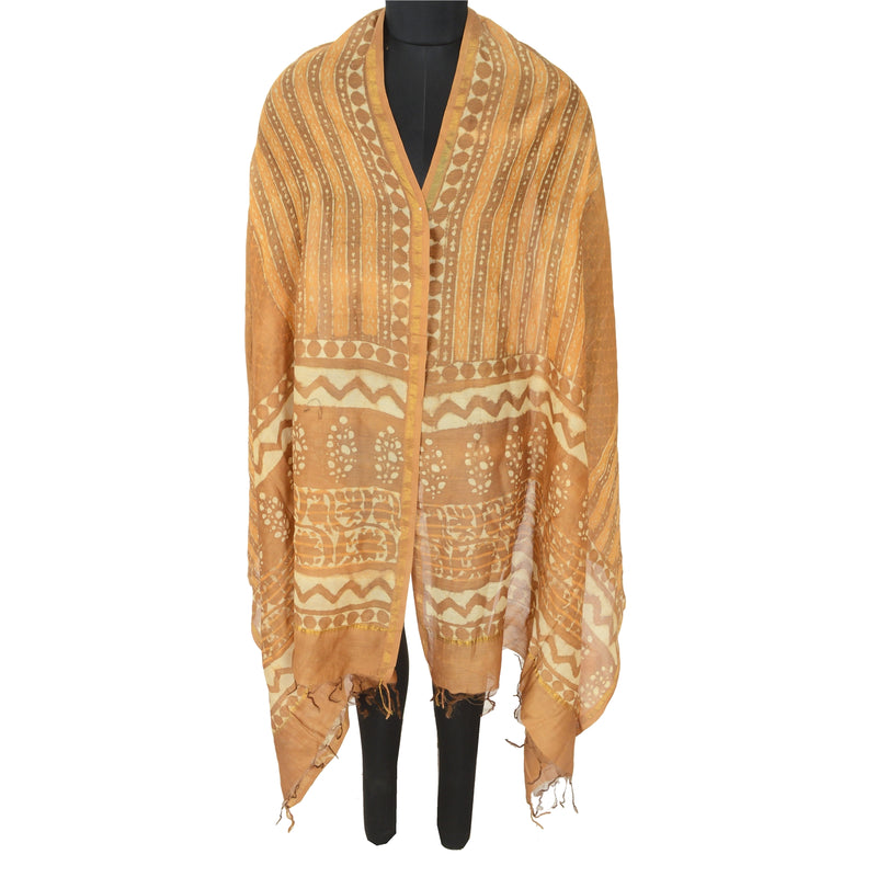 Sanskriti Vintage Dupatta Long Indian Stole Brown Pure Chanderi Silk Batik Work