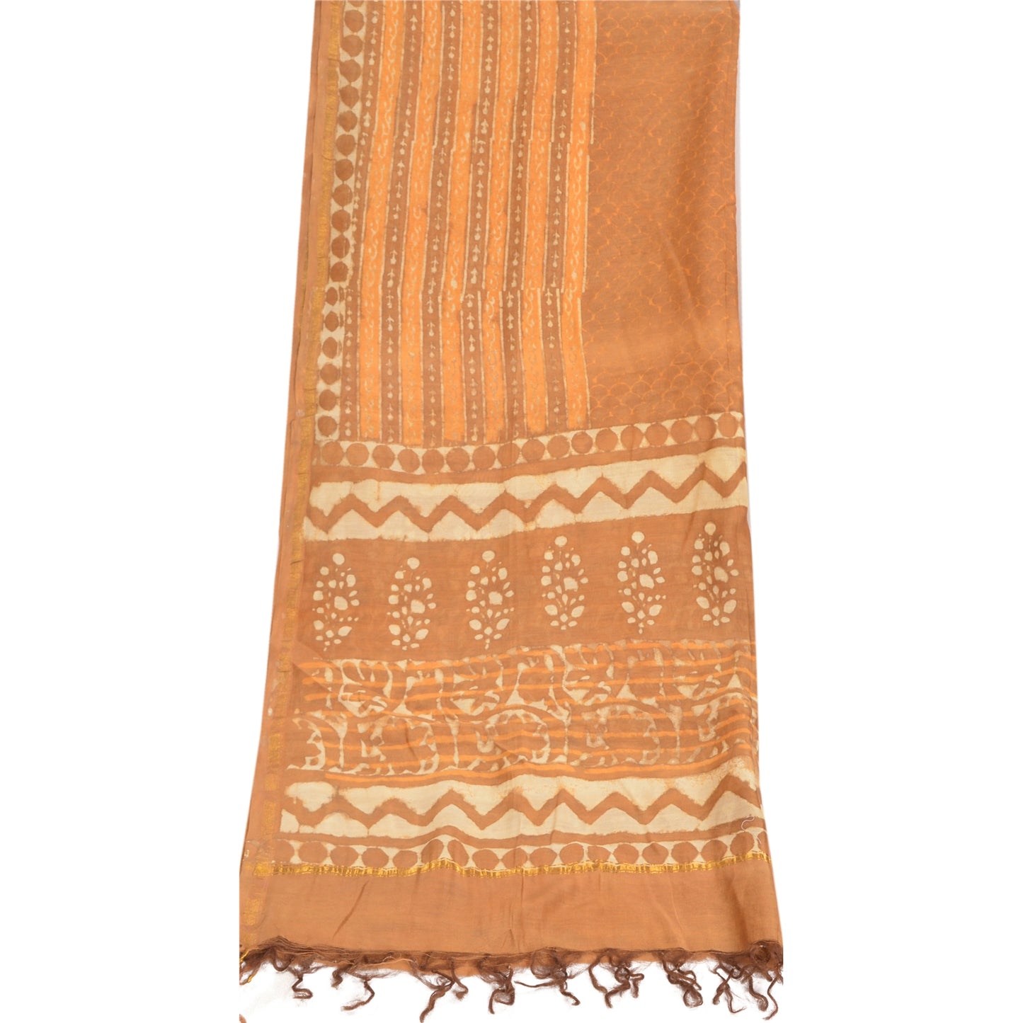 Sanskriti Vintage Dupatta Long Stole Pure Chanderi Silk Brown Batik Work Scarves