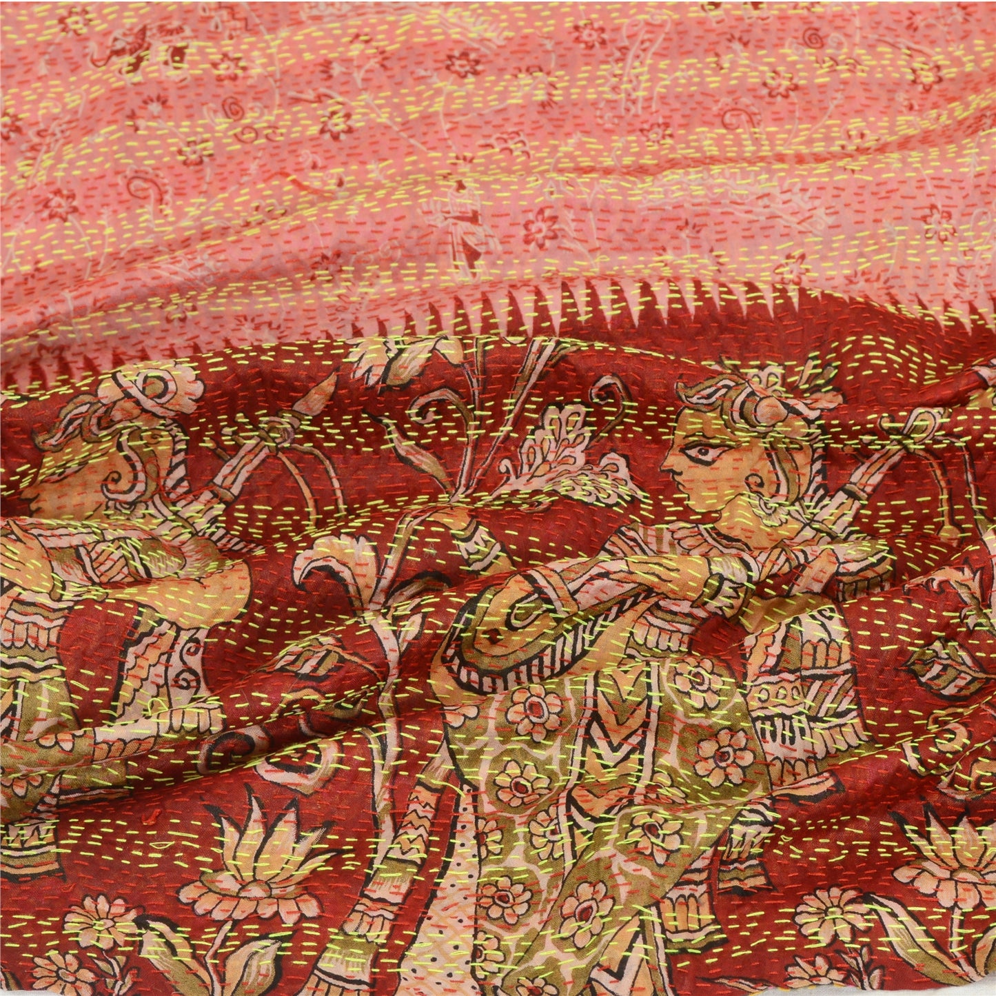 Санскрити Винтаж Дупатта Длинный Палантин Чистый Шелк Темно-Красный/Розовый Ручной Работы Кантха