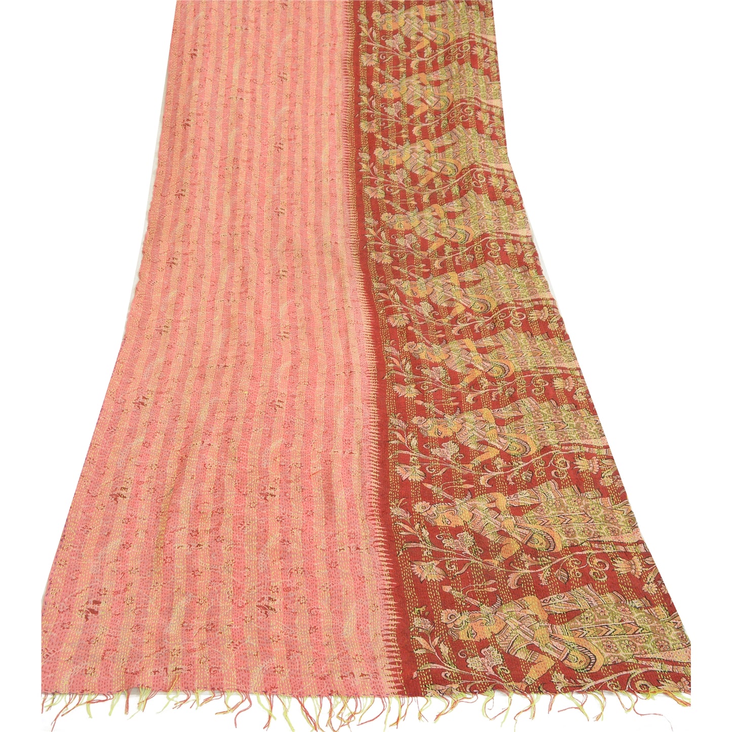 Санскрити Винтаж Дупатта Длинный Палантин Чистый Шелк Темно-Красный/Розовый Ручной Работы Кантха